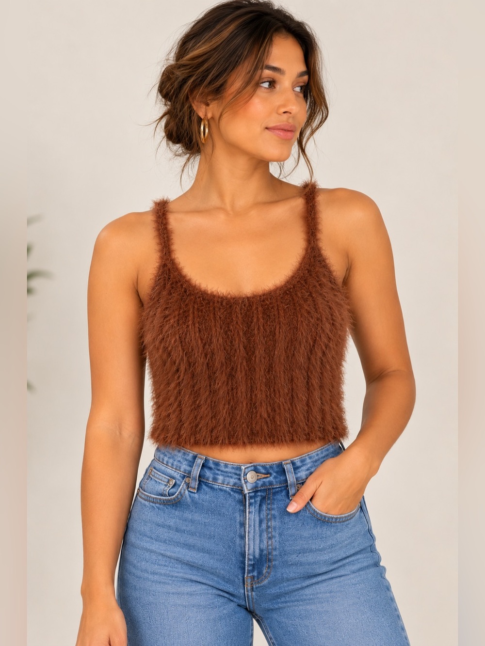 Double Zero Brown Fuzzy Eyelash Knit Crop Tank Top Cami Large Y2K
